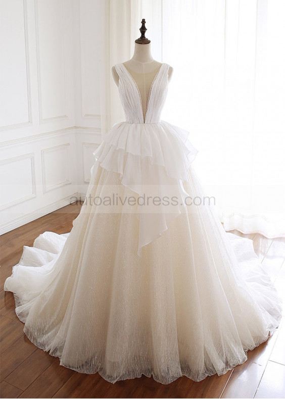 Champagne Organza Glitter Tulle Regal Wedding Dress